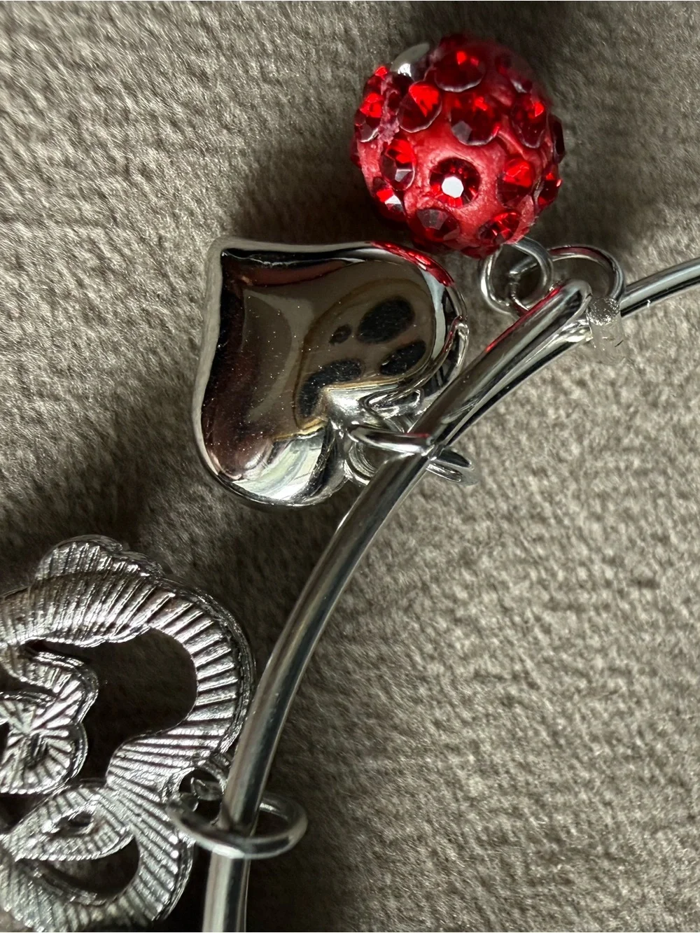 Silver Charm Bangle Bracelet with Red Bead